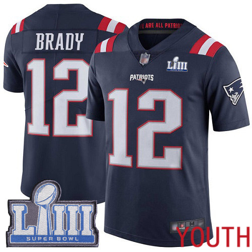 New England Patriots Football #12 Super Bowl LIII Bound Rush Limited Navy Blue Youth Tom Brady NFL Jersey
